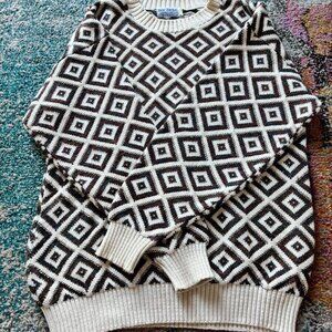 Vintage New Yorker Brown & Cream Geometric Knit Sweater – Oversized Cozy Retro C
